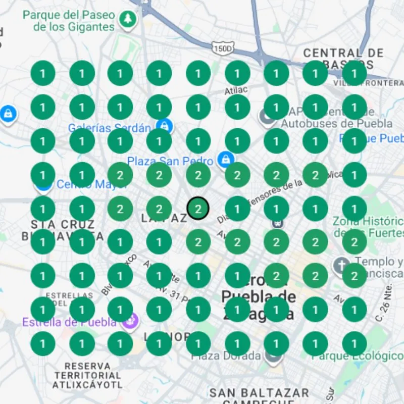 Mapa de Puebla con negocio posicionado en Google Maps - Raptor Marketer